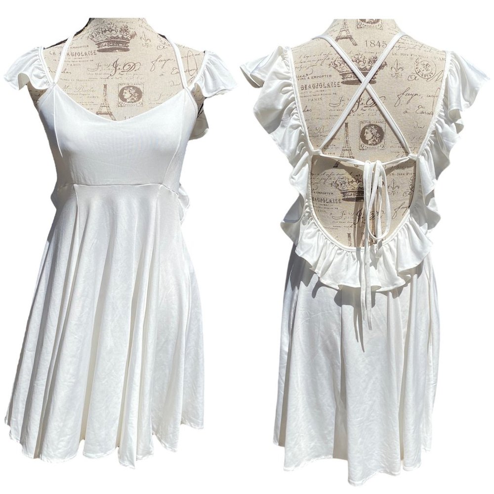 ♛4/$20♛ NWOT Pure White Open Back Summer Mini Dress Lace Up Stretchy Cover Up L